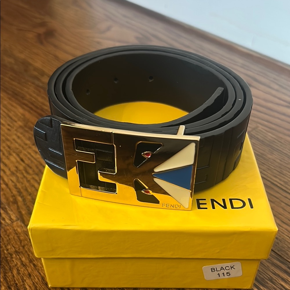 Fendi Black Belt with Gold and Blue Buckle